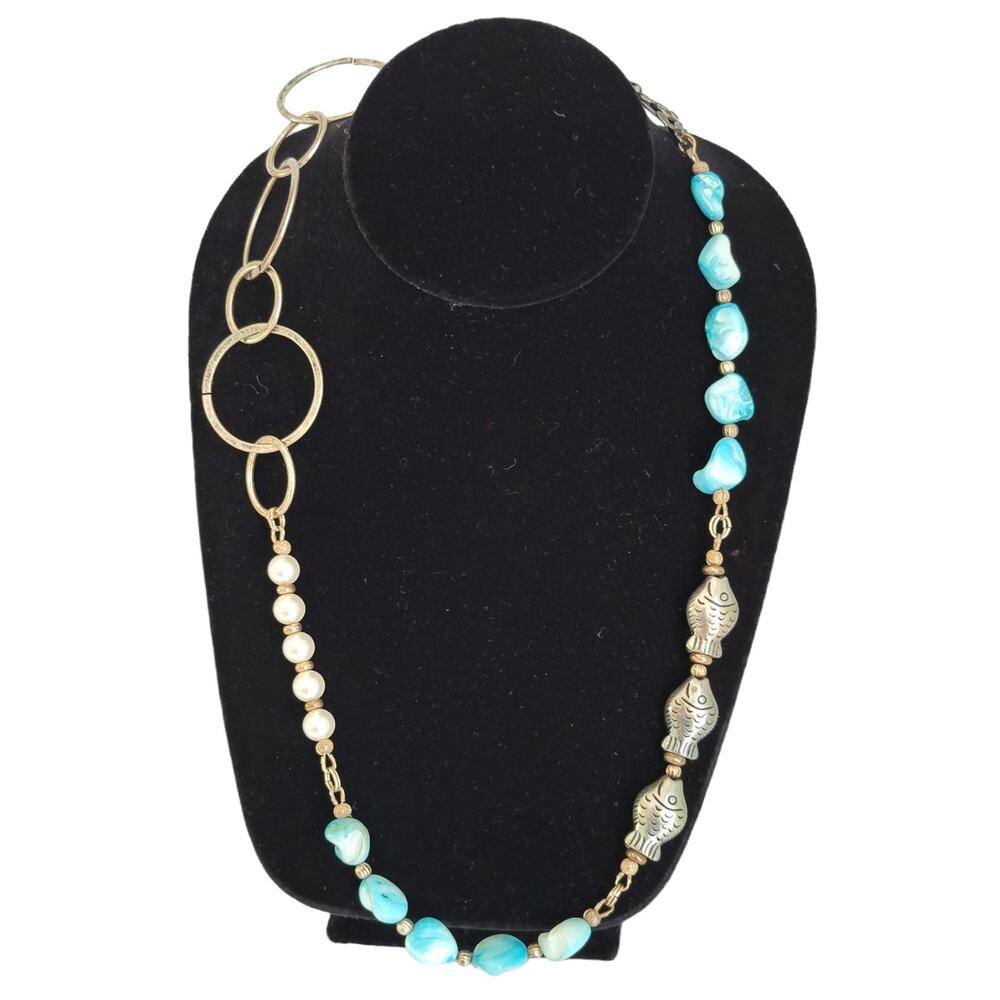 Vintage Necklace Silver Tone Fish Circle Turquoise Bead Faux Pearl Coastal